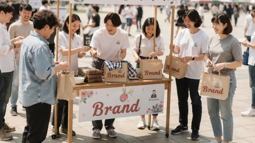 축제 현장에서 방문객들이 축제 판촉물 제작 아이템을 받고 즐거워하는 모습 