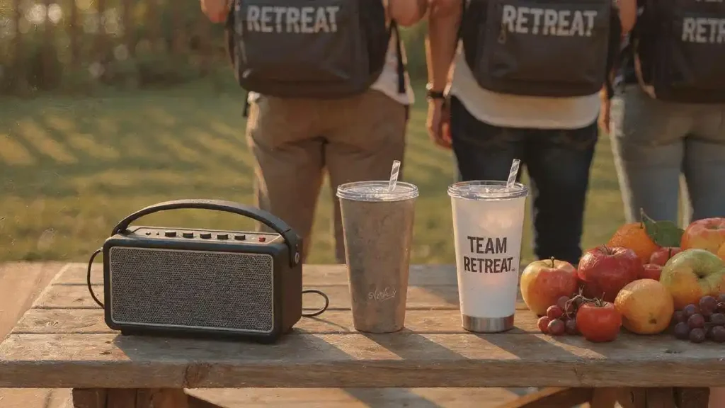 하계 부서 단합 워크샵에서 슬로건 백팩과 블루투스 스피커·텀블러를 함께 갖춘 워크샵 판촉물 제작 성공사례