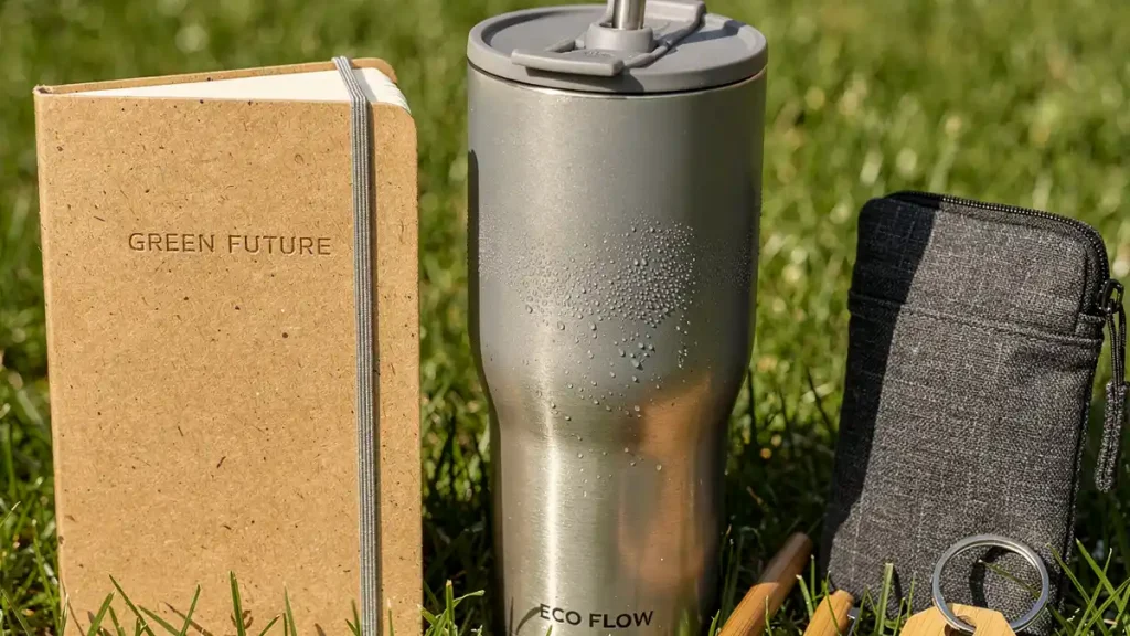 자연 배경 속에 놓인 텀블러와 씨앗 노트. 실생활에서 사용되는 순간에도 브랜드의 환경 가치를 전달하는 가장 효과적인 홍보 수단입니다