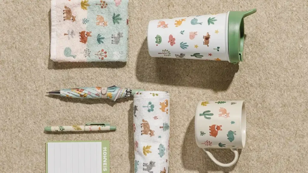 텀블러·에코백·머그컵·핸드타올·우산·볼펜·포스트잇 7종으로 구성된 어린이 판촉물 제작 MD 추천 플랫레이