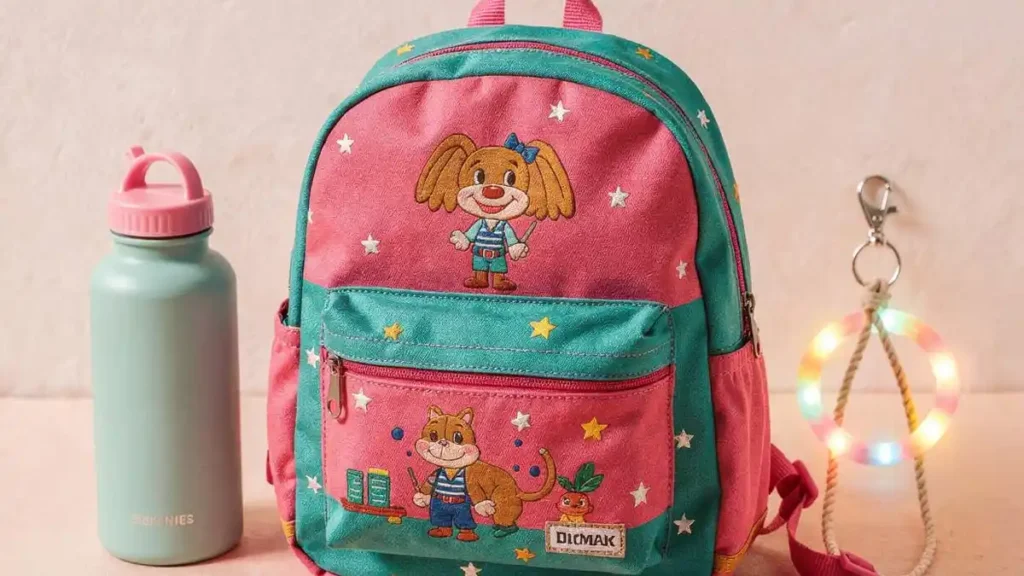 키즈 가방·보온 물병·색연필 세트·스티커·야광팔찌·마스크·미니 노트·파우치·키링 9종이 정렬된 어린이 판촉물 제작 TOP9 플랫레이