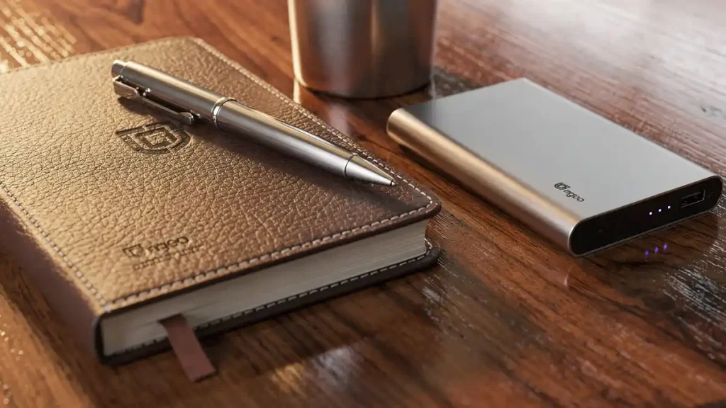 사무실 책상 위에 배치된 기업 홍보용 다이어리와 보조배터리