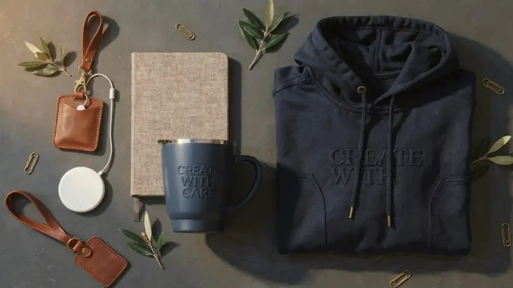 9종이 정렬된 워크샵 판촉물 제작 TOP9 플랫레이